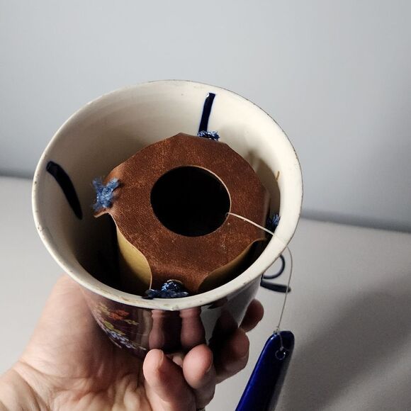 Vintage Cobalt Blue Porcelain Bell Wind Chimes Floral Wagon Gold Trim Patio - Picture 3 of 5